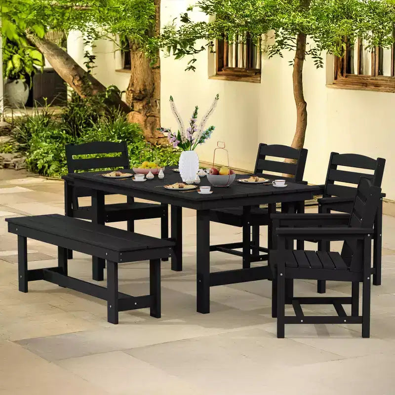 Hyleory Ensemble de salle à manger d'extérieur 6 pièces en PEHD avec table rectangulaire et trou pour parasol, banc et fauteuils