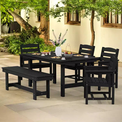 Hyleory Ensemble de salle à manger d'extérieur 6 pièces en PEHD avec table rectangulaire et trou pour parasol, banc et fauteuils