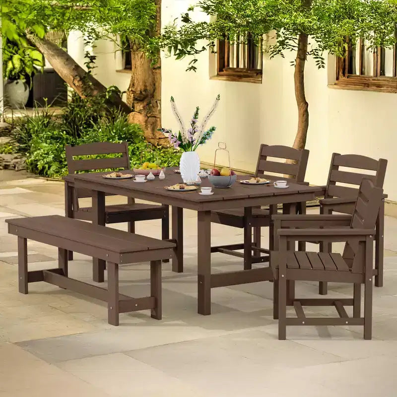 Hyleory Ensemble de salle à manger d'extérieur 6 pièces en PEHD avec table rectangulaire et trou pour parasol, banc et fauteuils