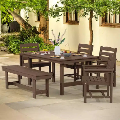 Hyleory Ensemble de salle à manger d'extérieur 6 pièces en PEHD avec table rectangulaire et trou pour parasol, banc et fauteuils