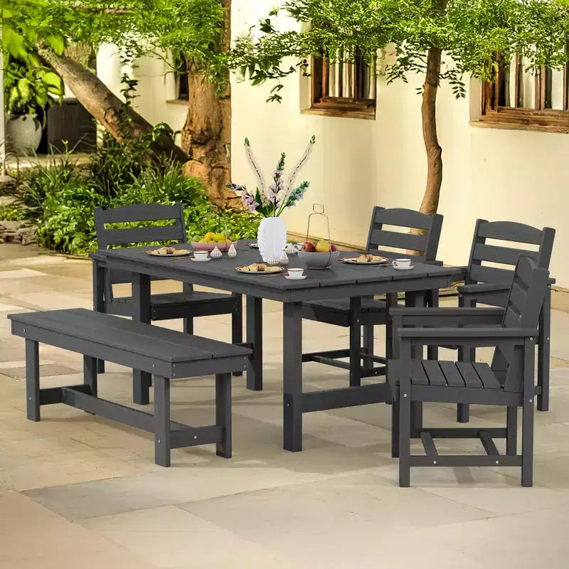 Hyleory Ensemble de salle à manger d'extérieur 6 pièces en PEHD avec table rectangulaire et trou pour parasol, banc et fauteuils