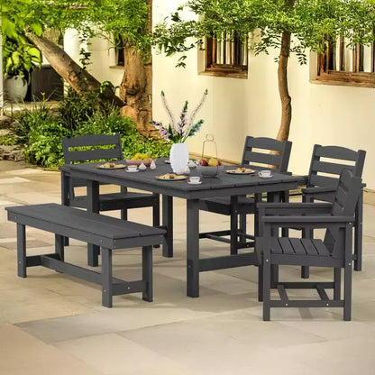 Hyleory Ensemble de salle à manger d'extérieur 6 pièces en PEHD avec table rectangulaire et trou pour parasol, banc et fauteuils