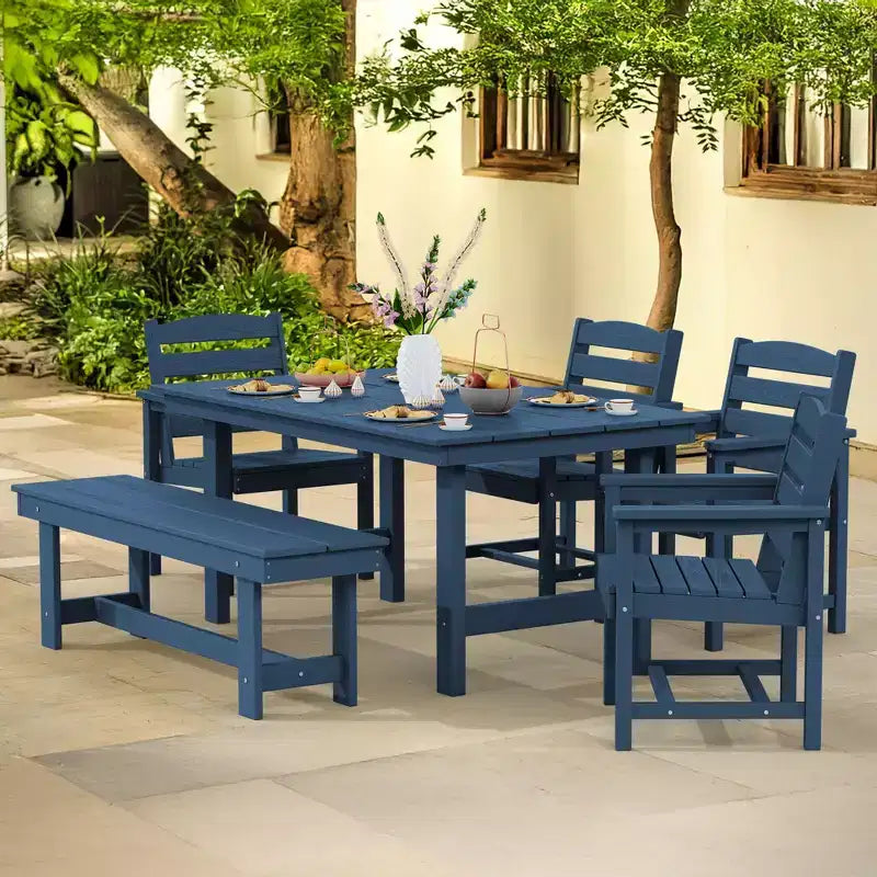 Hyleory Ensemble de salle à manger d'extérieur 6 pièces en PEHD avec table rectangulaire et trou pour parasol, banc et fauteuils