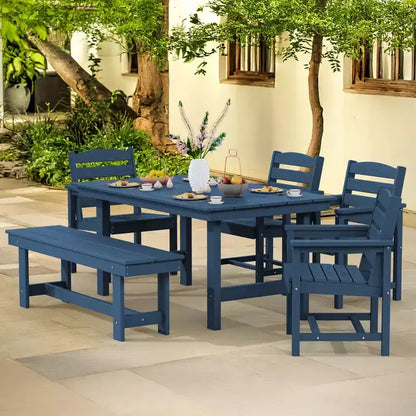 Hyleory Ensemble de salle à manger d'extérieur 6 pièces en PEHD avec table rectangulaire et trou pour parasol, banc et fauteuils