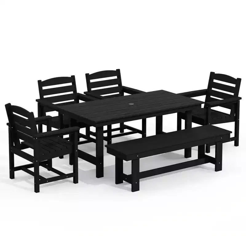 Hyleory 6pc HDPE Outdoor Dining Set with Rectangular Table & Umbrella Hole, Bench and Armchairs
