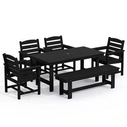 Hyleory 6pc HDPE Outdoor Dining Set with Rectangular Table & Umbrella Hole, Bench and Armchairs