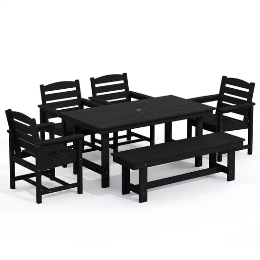 Hyleory 6pc HDPE Outdoor Dining Set with Rectangular Table & Umbrella Hole, Bench and Armchairs