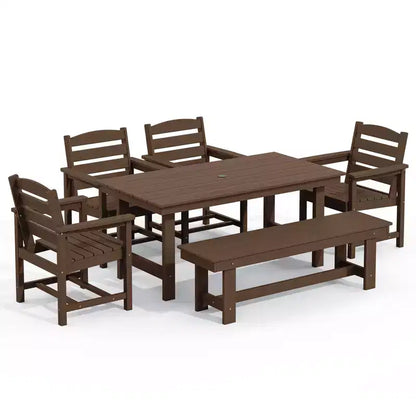 Hyleory Ensemble de salle à manger d'extérieur 6 pièces en PEHD avec table rectangulaire et trou pour parasol, banc et fauteuils