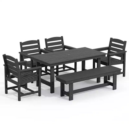 Hyleory Ensemble de salle à manger d'extérieur 6 pièces en PEHD avec table rectangulaire et trou pour parasol, banc et fauteuils