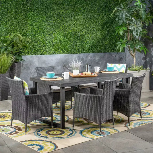 Christopher Knight Home Moralis Outdoor Acacia Wood and Wicker 7 Piece Dining Set with Cushion