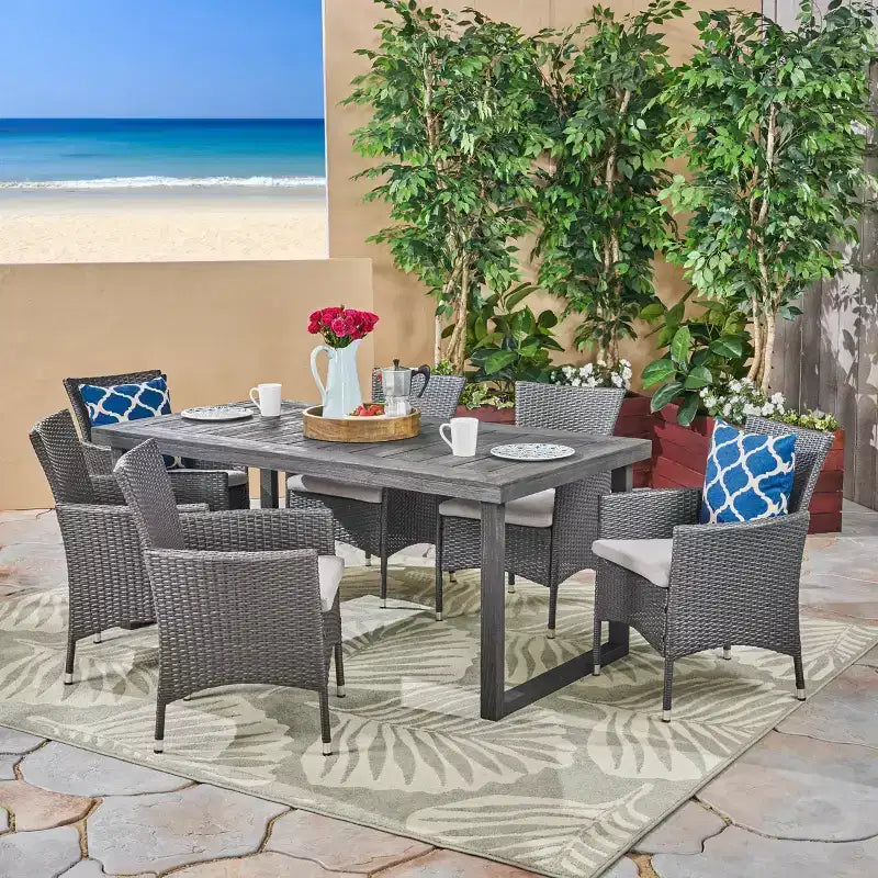 Christopher Knight Home Moralis, ensemble repas 7 pièces d'extérieur en bois d'acacia et osier avec coussins