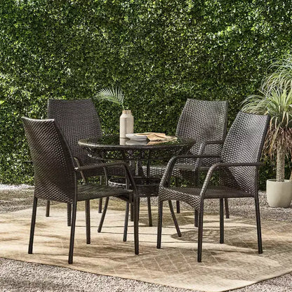 Set da pranzo Rue da 5 pezzi per esterni in vimini e vetro temperato GDFStudio