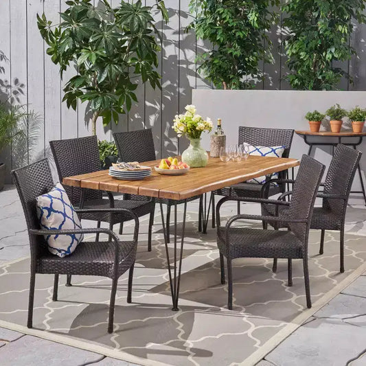 GDFStudio Dalupiri Outdoor Wicker and Acacia Wood 7 Piece Dining Set