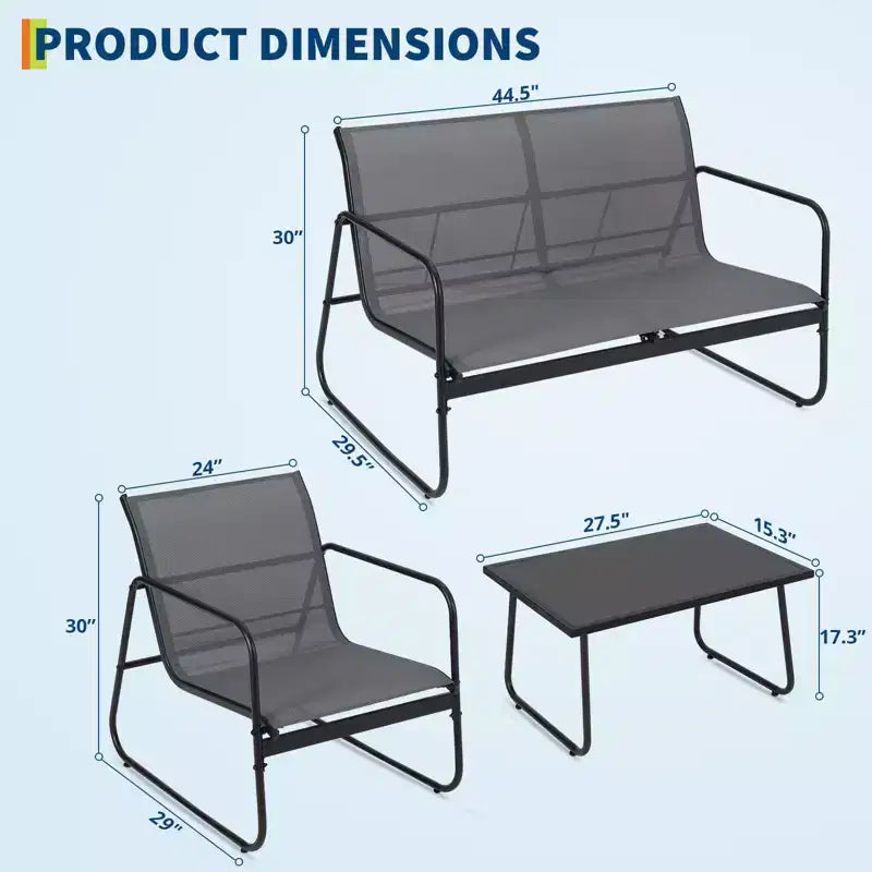 Ensemble de conversation d'extérieur 4 pièces, ensemble table et chaises d'extérieur en textilène résistant aux intempéries, petit mobilier de terrasse pour balcon et jardin