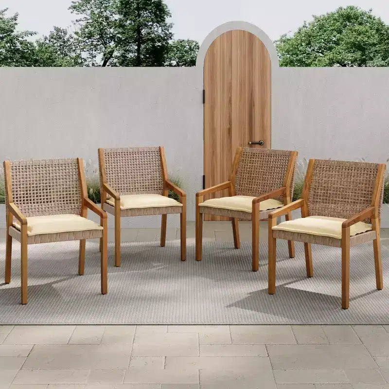 NAYSAYE Ensembles de salle à manger d'extérieur en bois d'acacia et osier avec coussins pour jardin et terrasse, marron et crème, 23.5*21.25*32
