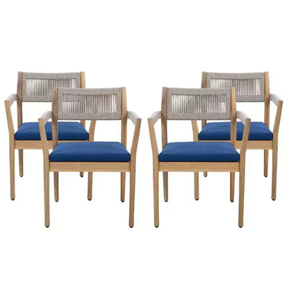 NAYSAYE Patio Dining Sets Braided Acacia Wood Dining Chairs with Cushions and Armrests for Garden Poolside, Navy and Beige, 23.25*21.5*32.25