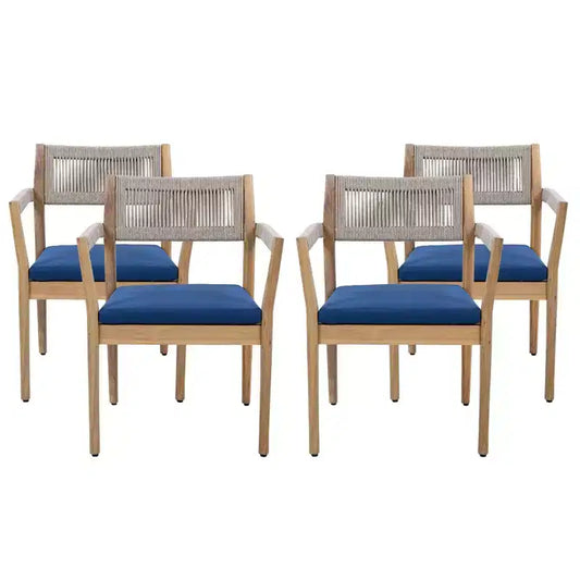 NAYSAYE Patio Dining Sets Braided Acacia Wood Dining Chairs with Cushions and Armrests for Garden Poolside, Navy and Beige, 23.25*21.5*32.25