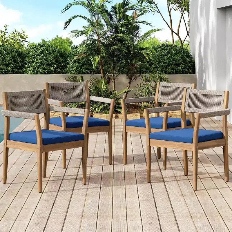 NAYSAYE Ensembles de Repas de Jardin Chaises de Salle à Manger Tressées en Bois d'Acacia avec Coussins et Accoudoirs pour Jardin, Piscine, Bleu Marine et Beige, 23.25*21.5*32.25