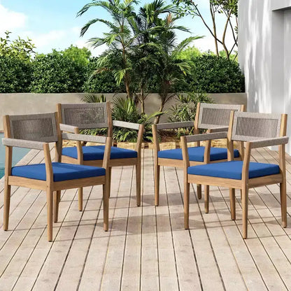 NAYSAYE Ensembles de Repas de Jardin Chaises de Salle à Manger Tressées en Bois d'Acacia avec Coussins et Accoudoirs pour Jardin, Piscine, Bleu Marine et Beige, 23.25*21.5*32.25