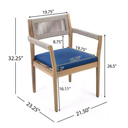NAYSAYE Ensembles de Repas de Jardin Chaises de Salle à Manger Tressées en Bois d'Acacia avec Coussins et Accoudoirs pour Jardin, Piscine, Bleu Marine et Beige, 23.25*21.5*32.25
