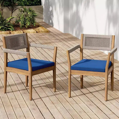 NAYSAYE Ensembles de Repas de Jardin Chaises de Salle à Manger Tressées en Bois d'Acacia avec Coussins et Accoudoirs pour Jardin, Piscine, Bleu Marine et Beige, 23.25*21.5*32.25