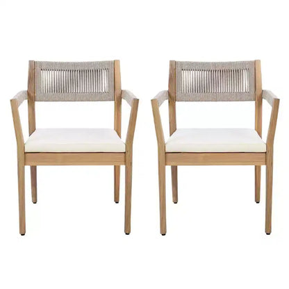 NAYSAYE Patio Dining Sets Braided Acacia Wood Dining Chairs with Cushions and Armrests for Garden Poolside, Teak and Beige, 23.25*21.5*32.25