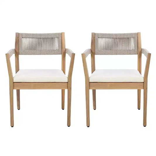 NAYSAYE Patio Dining Sets Braided Acacia Wood Dining Chairs with Cushions and Armrests for Garden Poolside, Teak and Beige, 23.25*21.5*32.25
