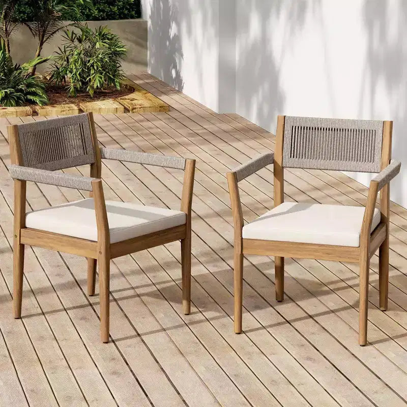 NAYSAYE Ensembles de Repas de Jardin Chaises de Salle à Manger en Bois d'Acacia Tressé avec Coussins et Accoudoirs pour Jardin et Piscine, Teck et Beige, 23.25*21.5*32.25