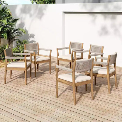 NAYSAYE Ensembles de Repas de Jardin, Chaises Tressées en Bois d'Acacia avec Coussins et Accoudoirs pour Jardin et Bord de Piscine, Crème et Beige, 23.25*21.5*32.25