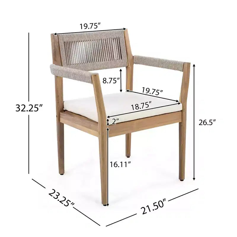 NAYSAYE Ensembles de Repas de Jardin, Chaises Tressées en Bois d'Acacia avec Coussins et Accoudoirs pour Jardin et Bord de Piscine, Crème et Beige, 23.25*21.5*32.25