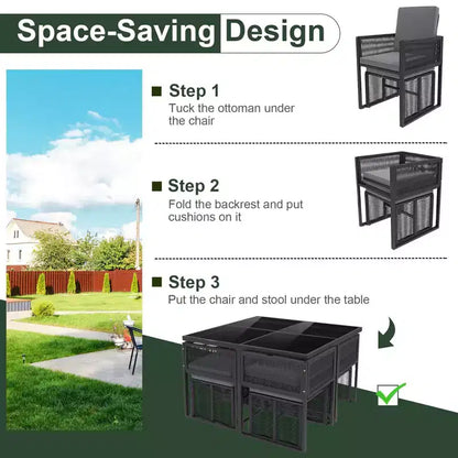 Costway Set da Pranzo da Giardino 9 Pezzi con Sedie in Rattan PE, Tavolo in Vetro Temperato e Pouf