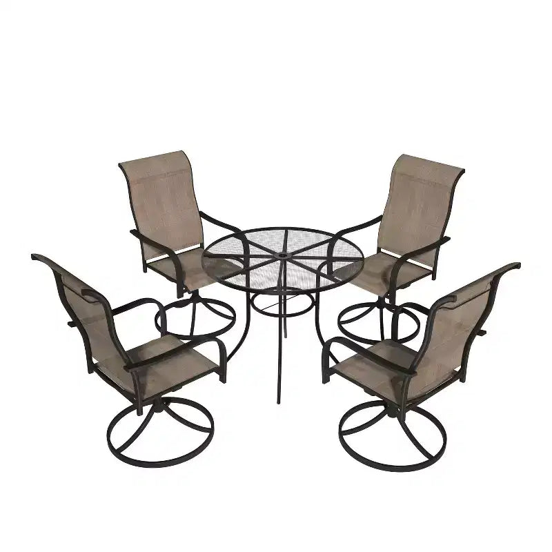 Mondawe 5-Piece Outdoor Dining Set With 4 Swivel Chairs & 1 Steel Mesh Circle Table With Umbrella Hole