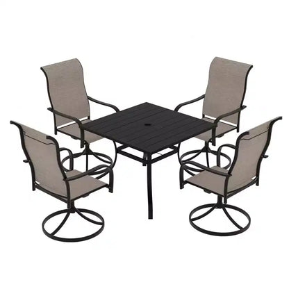 Mondawe 5-Piece Patio Dining Set,Square Table built-in Umbrella Hole & 360 Degree Swivel Chairs Outdoor Set