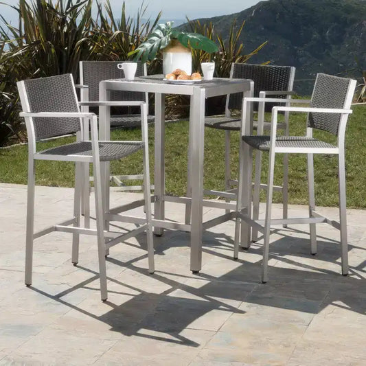 GDFStudio Crested Bay Outdoor 5 Piece Wicker and Aluminum Bar Set