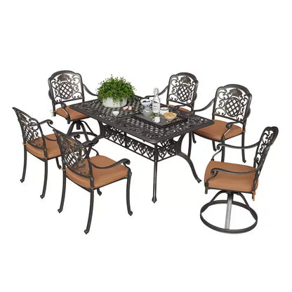 7 Piece Patio Furniture Dining Set, All-Weather Outdoor Table and Chairs for 6, Includes 4 Dining Chair & 2 Swivel Chairs & 60'' Rectangular Table