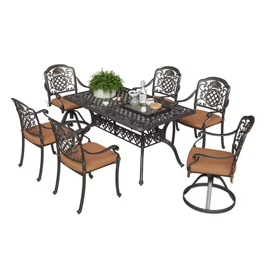 7 Piece Patio Furniture Dining Set, All-Weather Outdoor Table and Chairs for 6, Includes 4 Dining Chair & 2 Swivel Chairs & 60'' Rectangular Table