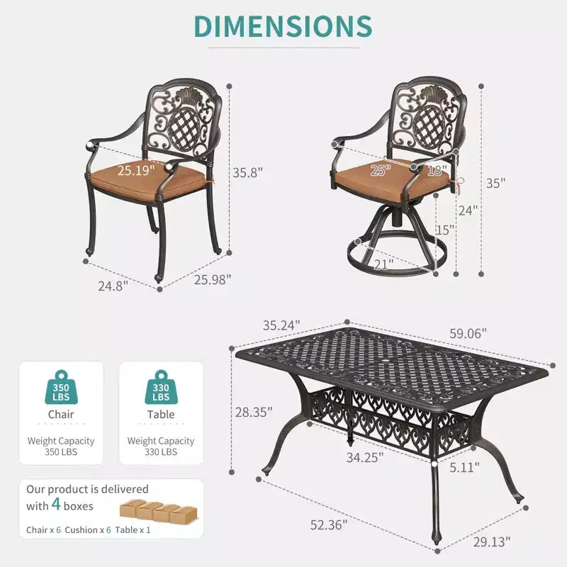 Ensemble de salle à manger de patio 7 pièces, table et chaises d'extérieur tout temps pour 6 personnes, comprend 4 chaises de salle à manger, 2 chaises pivotantes et une table rectangulaire de 152 cm