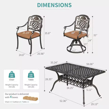Ensemble de salle à manger de patio 7 pièces, table et chaises d'extérieur tout temps pour 6 personnes, comprend 4 chaises de salle à manger, 2 chaises pivotantes et une table rectangulaire de 152 cm
