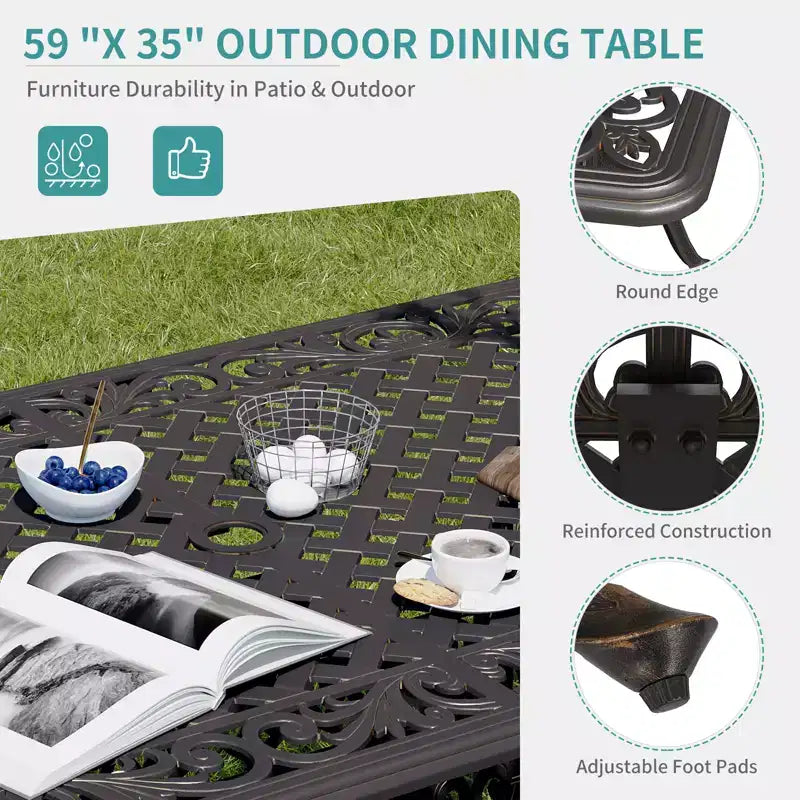 Ensemble de salle à manger de patio 7 pièces, table et chaises d'extérieur tout temps pour 6 personnes, comprend 4 chaises de salle à manger, 2 chaises pivotantes et une table rectangulaire de 152 cm