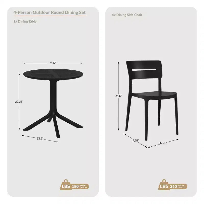 WestinTrends Playa Ensemble de table et chaises de salle à manger rondes de jardin modernes en résine 5 pièces avec chaises de salle à manger de jardin empilables