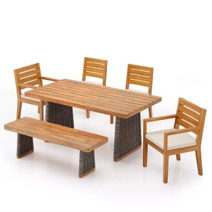 Christopher Knight Home Miranda Ensemble de salle à manger extérieur rustique 6 pièces en rotin et bois d'acacia à lattes avec coussins