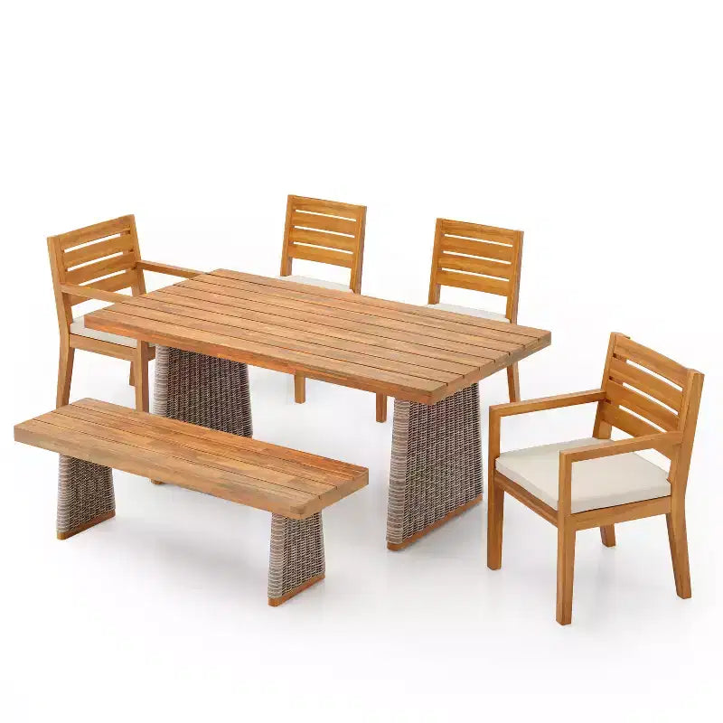 Christopher Knight Home Miranda Ensemble de salle à manger extérieur rustique 6 pièces en rotin et bois d'acacia à lattes avec coussins