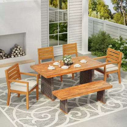 Christopher Knight Home Miranda Ensemble de salle à manger extérieur rustique 6 pièces en rotin et bois d'acacia à lattes avec coussins
