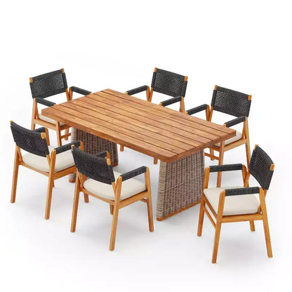 Ensemble de salle à manger d'extérieur 7 pièces Christopher Knight Home Francesca en bois d'acacia tressé rustique avec table à lattes en rotin