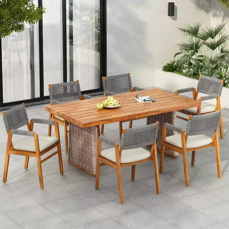 Ensemble de salle à manger d'extérieur 7 pièces Christopher Knight Home Francesca en bois d'acacia tressé rustique avec table à lattes en rotin