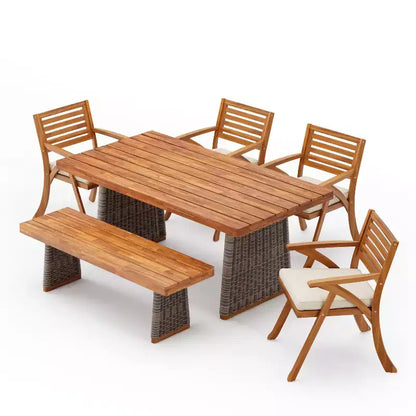 Christopher Knight Home Clara Ensemble de salle à manger d'extérieur rustique 6 pièces en rotin et bois d'acacia à lattes avec coussins