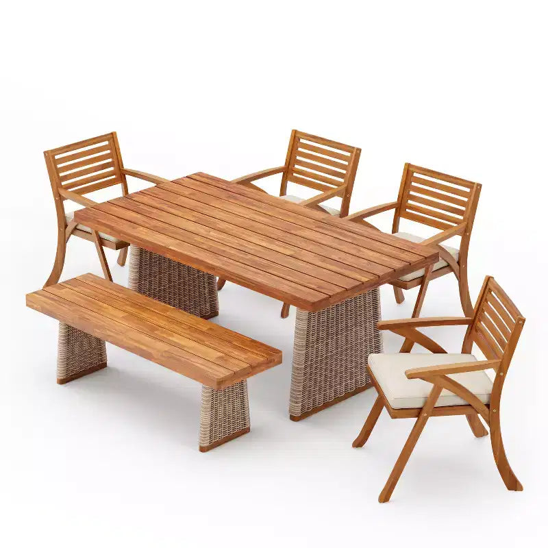 Christopher Knight Home Clara Ensemble de salle à manger d'extérieur rustique 6 pièces en rotin et bois d'acacia à lattes avec coussins