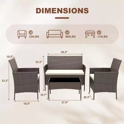 Set da 4 mobili da giardino, sedie in rattan da esterno, divano in rattan All-Weather Dialogue con imbottitura e tavolino in vetro