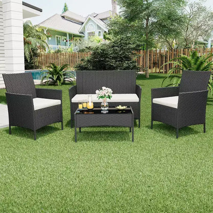 Set da 4 mobili da giardino, sedie in rattan da esterno, divano in rattan All-Weather Dialogue con imbottitura e tavolino in vetro
