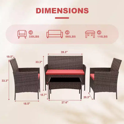 Set da 4 mobili da giardino, sedie in rattan da esterno, divano in rattan All-Weather Dialogue con imbottitura e tavolino in vetro